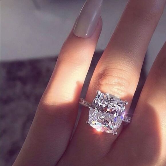 NEW! 18K White Gold Plated 5 Carat Cushion-Cut Solitaire Diamond Engagement Ring - Picture 5 of 9